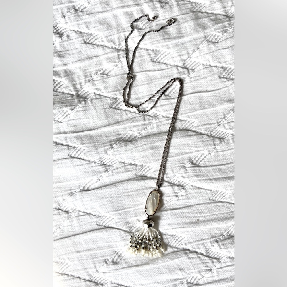 Kendra Scott lariat necklace, motherofpearl stone w/ tassels (similar to Rayne)